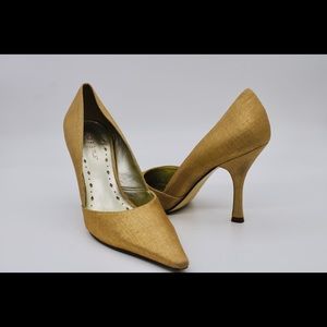 BCBG, size 8, Gold Silk, Burgundy Leather